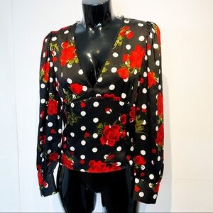 ZARA Black & White Polka Dot Red Roses Puff Sleeve Blouse